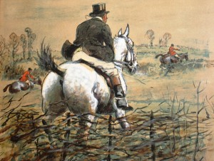 Snaffles Detail of framed equestrian print by the British artist Charles “Snaffles” Johnson Payne.