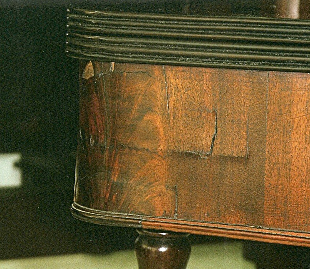 Underlayment In this photo the solid wood underlayment has shrunk under the veneer of the skirt of this Federal era fold over game table telegraphing the damage to the surface.