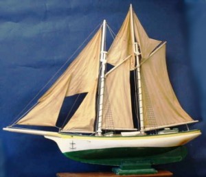 blogpondmodel4 This hand-made schooner rig pond yacht is 43 long and stands 38 inches tall. It is a solid hull construction with lead inlet into the keel. Value in a retail setting is about $850.