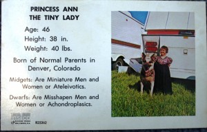 tinylady This pitch card illustrates how some side show souvenirs included a mini-history. On this card is an explanation of the difference between a midget and a dwarf. Princess Ann, billed as “Tiny Lady,” was a midget. Value is $10 or less.