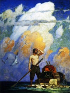 For a mile, or thereabouts, my raft went very well- Robinson Crusoe adrift at sea on his raft, “For a mile, or thereabouts, my raft went very well-”, is estimate to being between $300,000 and 500,000 at auction.
