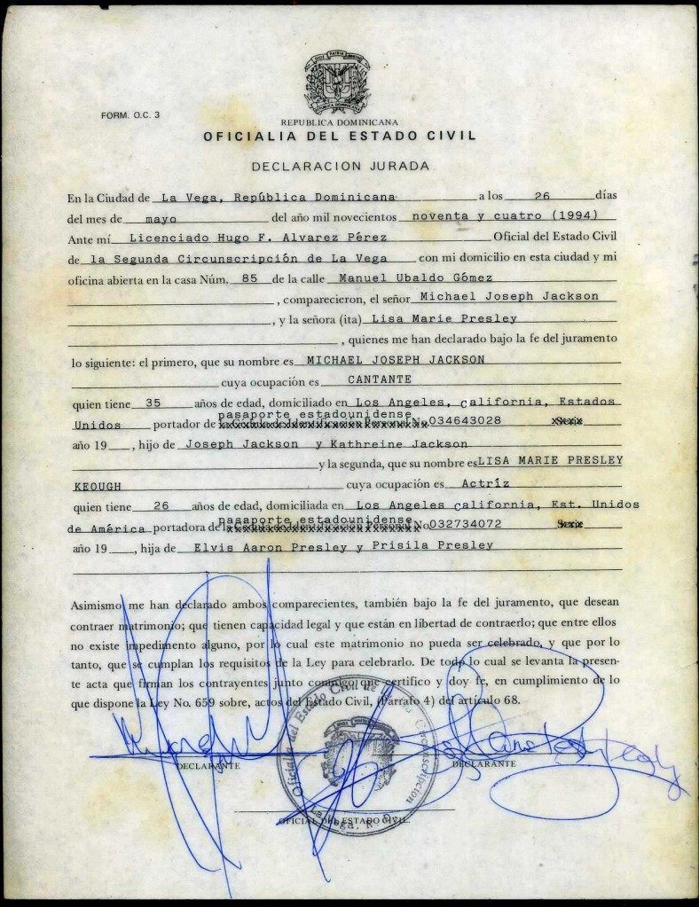 Marriage license The official signed marriage certificate issued to Michael Jackson and Lisa Marie Presley in the Dominican Republic in 1994 will be the top item up for bid in a Jan. 22-24 auction hosted by Philip Weiss Auctions.