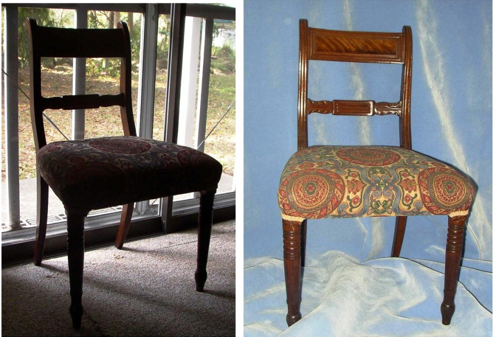 chaircomp The photo of the chair on the left was taken against an open door. The backlight obliterates the details of the chair. On the right is the same chair using a blanket for a backdrop. Now you can actually see the chair.