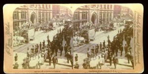 circus-stereocard-parade A stereo card image of a circus parade in Chicago in 1892 sold for $30 in 2006.