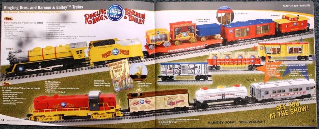 lcatalog1 The 2008 K-Line by Lionel catalog had a seven-page section with train cars and other items featuring The Greatest Show On Earth. Four of the pages are shown here.