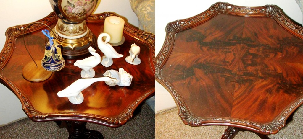 tabletopcomp The picture on the left doesn’t tell you much about the top of the table, just the Lladro cluttering it. When the table top is cleared you can see the distinctive pattern of crotch cut mahogany.