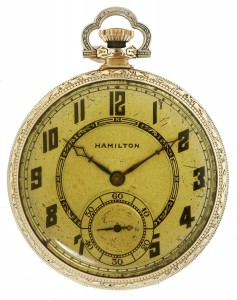 Dillinger's Hamilton Watch "This is the watch John H. Dillinger had on him when he was killed in Chicago on July 22, 1934" is the beginning of the ink script note written by Frances Helen Dillinger that accompanies this size 12, grade 912, 17 jewel Hamilton pocket watch with gold filled case.