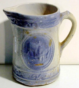 blue and white pitcher A blue and white pitcher such as this one was sold as utility ware for domestic use and, therefore, seldom marked.