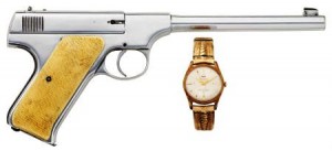 dillingerwatch9 John Dillinger's nickel-plated Colt Pre-Woodsman .22 caliber automatic pistol, #5436, manufactured 1917, and a wristwatch. Items associated with John Dillinger that Heritage Auction put up for sale on Dec. 12, 2009: 1. Dollar Bill – $14,340 (sold) 2. Wood Gun – $19,120 (sold) 3. Waltham Watch – $4,481 (sold) 4. Hamilton Watch – $41,825 (available unsold) 5. Letter – $41,825 (available unsold) 6. Monogrammed handkerchief – $5,377 (available unsold) 7. Colt pistol and wrist watch – $41,825 (available unsold) 8. Suitcase – $3,585 (sold) 9. Sporting guns – $8,962 (sold) 10. Hunting suit – $29,875 (available unsold) 11. Family documents – $3,346 (sold)