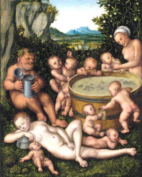 Bacchus at the Wine Vat Bacchus at the Wine Vat” by Cranach.