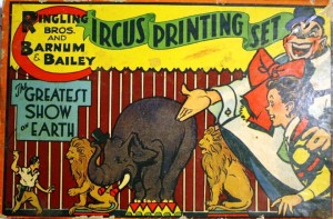 RBBB Stamp Set Box This Circus Printing Set uses both the names Ringling Bros. and Barnum & Bailey and The Greatest Show On Earth. Printed on the side of the box is Stamper Kraft Set No. 4650, copyrighted by T.S.T. Co. Inside the box are papers with circus scenes.