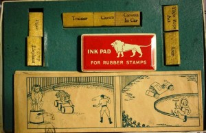 RBBB Stamp Set inside The various rubber stamps can be used to print images in the scenes. This set is complete with a stamp for a tiger, a pigmy elephant, a trainer, a clown, a clown car, a tight rope act and a lion. These sets have sold on the internet for as much as $95.