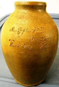 Stoneware jar 1 A Washington County (Va.) incised jar, 8 inches tall, made around the 1820s, inscribed.