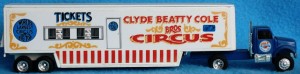 cbcb ertle 1 Ertl produced four semi-trailers with the Clyde Beatty Cole Bros. Circus name. Two are shown here—a side show banner truck and a ticket truck.