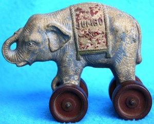 jumbo This children’s composition pull-toy is just one of the many products created to take advantage of Barnum’s famous attraction, Jumbo. Value of this toy is about $50. A similar toy is also a bank and sells for $15-30. It’s interesting that these toys depict an Asian elephant. Jumbo was an African elephant.
