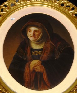 KPM porcelain plaque The top lot of the sale of the lifetime personal collections of Elizabeth and the late Clarence Lee Dubois of Arkansas was this outstanding marked KPM oval porcelain plaque, titled “Rembrandt’s Mother,” which gaveled for $7,250.