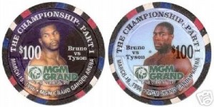 MGM Casino Chips MGM Grand Las Vegas Bruno vs. Tyson $100 chip, front and back, from the March 16, 1996 fight between Tyson and Bruno.