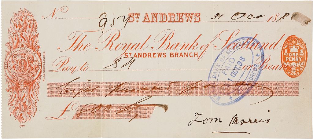 Old Tom Morris check An "Old" Tom Morris signed check.