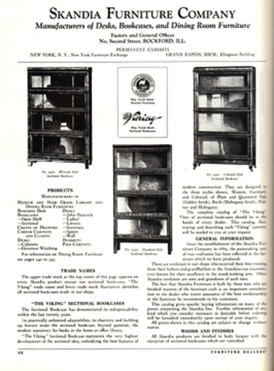 Skandia Viking This page from “American Manufactured Furniture” by Don Fredgant Schiffer, shows the various 1929 models of the Skandia Viking elastic bookcase. The book is a compilation of manufacturer’s promotional material to retailers for the model year 1929.