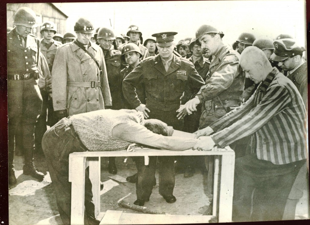 img470 One of the photos Will bought at the John Smickle estate sale in Chattanooga, Tenn., was this one showing Generals George S. Patton (left), George C. Marshall (trench coat), Omar Bradley (over Marshall’s shoulder) and Dwight D. Eisenhower (center), watching former concentration camp prisoners demonstrating tortures used on them.