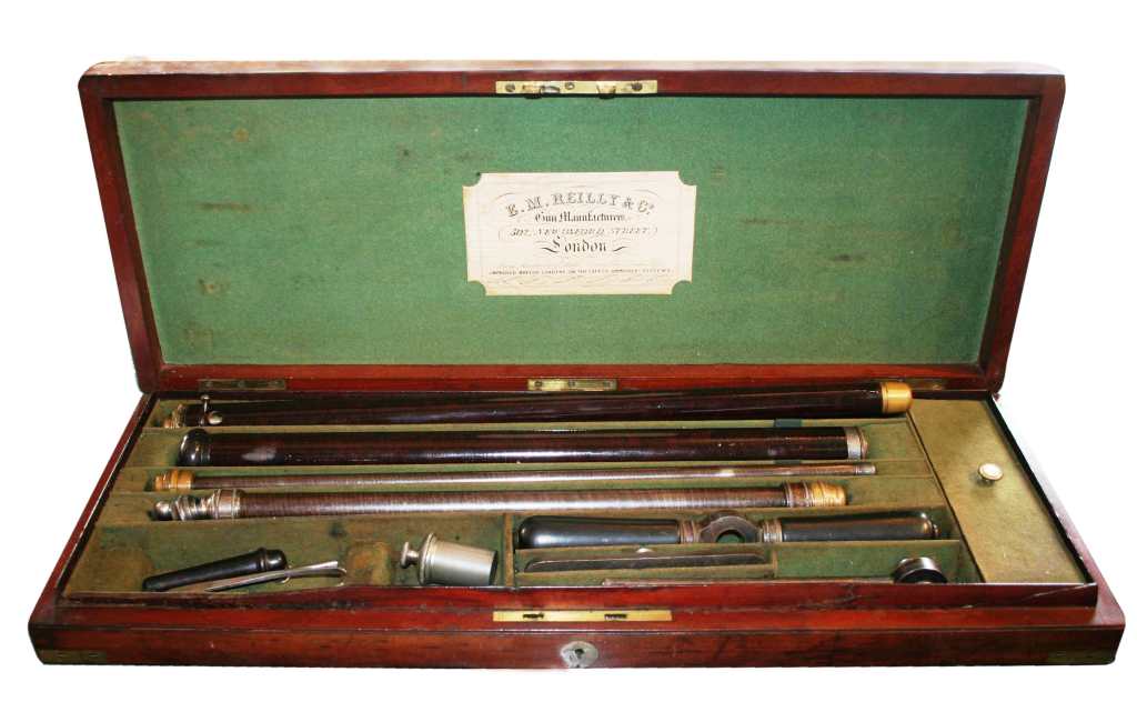 Cane gun A cased .36-caliber English cane gun, made circa 1849 by E.M. Reilly & Company.
