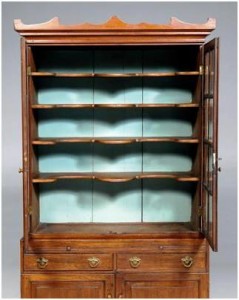 China Press Interior The China press has similarities to examples by well-known cabinet makers in the area, and its shelves are deeply shaped. Additionally, the piece retains most of the original glass from the late 1700s.