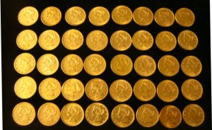 Gold coins The sale will feature more than 60 U.S. gold coins, like these, plus an impressive stamp collection.