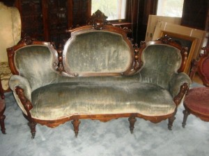 Jelliff sofa This heavily carved sofa, made by John Jelliff and part of a stunning three-piece Jelliff parlor group, will be auctioned in the Cabin Fever Auction on March 27, 2010.