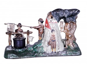 Mechanical bank This cast-iron Boy Scout Camp mechanical bank, with 90 percent of its original paint intact, may realize $1,000-$3,500.