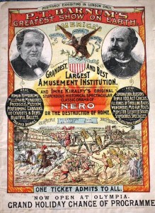 courier 1889 England In September 1889, Barnum & Bailey left for England. The show appeared at the Olympia in London from Nov. 11, 1889 to Feb. 14, 1890. This colorful 16-page courier promotes that period. Value is $100.