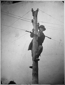 telegraph1 A member of the U.S. Military Telegraph Corps tending to the all-important wires.