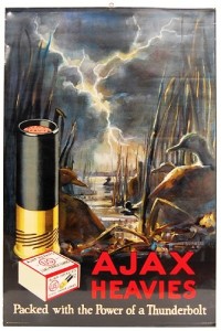 Ajax Heavies poster A 1926 U.S. Cartridge Company Ajax Heavies poster in near-mint condition gaveled down for $4,418.