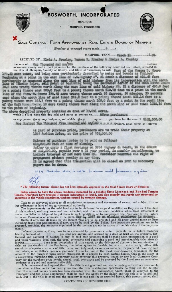 Elvis Document 1 The first of the original two-page contract to purchase Graceland in 1957 – signed by Elvis Presley and his parents.