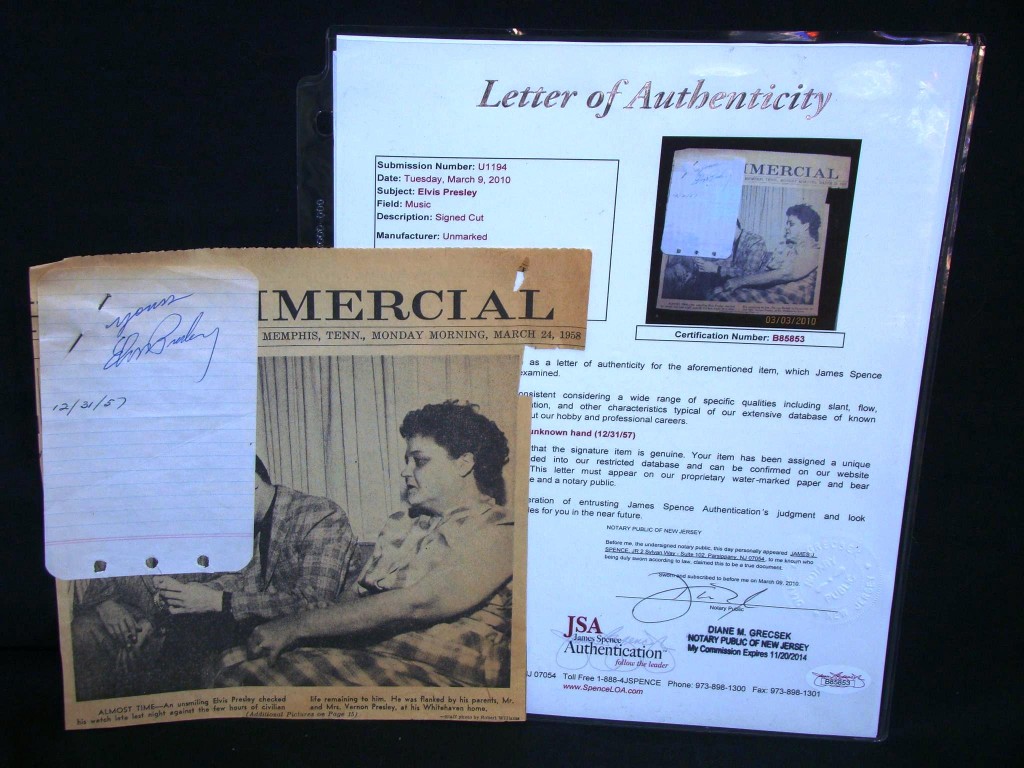 Elvis LOA Slip of paper signed by Elvis Presley and clipped to a Memphis newspaper, with letter of authenticity will be among the rock ‘n’ roll memorabilia available in a three-day sale facilitated by Philip Weiss Auctions on April 23-25, 2010.