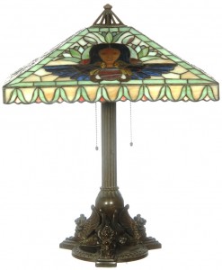 Handel lamp A 25-inch marked Handel leaded and reverse painted Egyptian design lamp with large 20-inch shade.