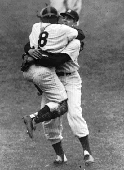 Larson-Berra-Perfect-Game In this now-classic photo, an ecstatic Yogi Berra jumps onto teammate Don Larsen, who had just delivered the final pitch of a perfect game in the 1956 World Series. The uniform Berra wore in this game went “undercover” for more than half a century but now will be offered by Grey Flannel in their Summer Games Auction closing April 14, 2010. Copyrighted image licensed for use through Getty Images.In this now-classic photo, an ecstatic Yogi Berra jumps onto teammate Don Larsen, who had just delivered the final pitch of a perfect game in the 1956 World Series. The uniform Berra wore in this game went “undercover” for more than half a century but now will be offered by Grey Flannel in their Summer Games Auction closing April 14, 2010. Copyrighted image licensed for use through Getty Images.