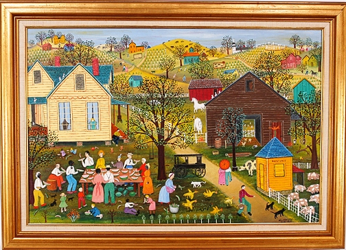 Mattie Lou O'Kelley This oil on canvas by Mattie Lou O'Kelley, titled “Watermelon Cutting” is expected to bring between $20,000 and $30,000 at a Folk Art auction hosted by Slotin Auciton on May 1-2, 2010 in Buford, Ga.