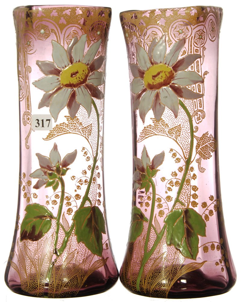 Pair vases A par of 11-inch Mont Joye square-shaped art glass vases with floral décor and gold highlights will be among the 850 lots up for auction in no-reserve auction of the single-owner lifetime collection of Dale Gabel on April 9-10, 2010.