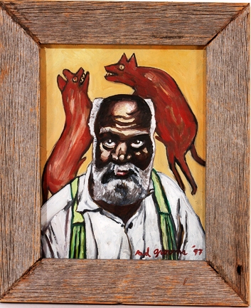Red Grooms Oil on board work by Red Grooms, titled “Bill Traylor and Fighting Dogs” (est. $5,000-$7,000).