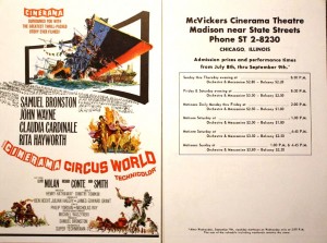 circusworldflyer Circus World” was filmed in Cinerama. This image shows both sides of a flyer that advertised the film showings at the McVickers Cinerama Theatre in Chicago.