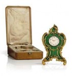 enamelled desk clock A Rococo-style silver-gilt and guilloche enameled desk clock by the Fabergé’s head workmaster Michael Perchin, made circa 1890 in St Petersburg (estimate: $180,000-$200,000).