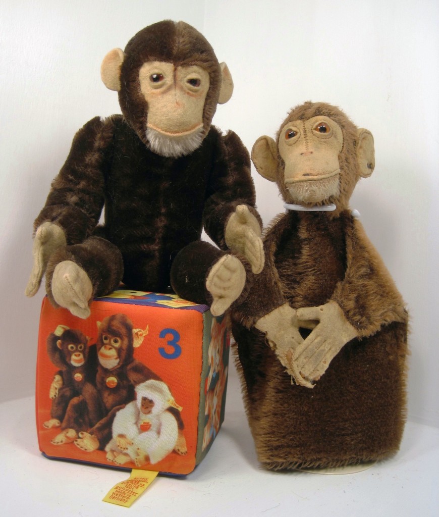 1910-1920 Steiff Chimps Two Steiff Jocko the Chimps from the 1910-1920 time frame; The one on the left is a dark brown fellow in absolute pristine condition (sitting on a modern-day Steiff play block) while the other is a very loved, but still proud, Jocko puppet.