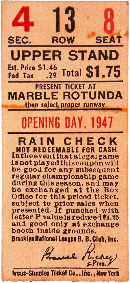 1947 Jackie Robinson's First Major League Game Ticket Stub 1947 Jackie Robinson’s First Major League Game Ticket Stub