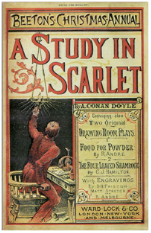 A Study in Scarlet A Study in Scarlet” appeared in the magazine Beeton’s Christmas Annual in 1887, introducing the iconic characters Sherlock Holmes and Dr. Watson.