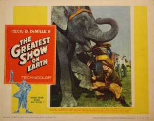 GSOE Lobby Card Lobby cards are popular movie collectibles. They generally come in sets of eight. This card for “The Greatest Show On Earth” is valued at $15 to $20.