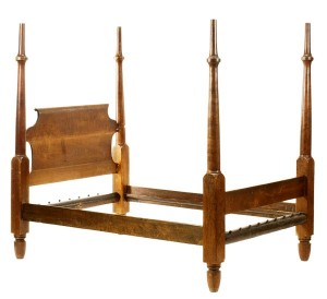 OHIO TESTER BED, HENRY BOYD This Boyd bed, made circa 1840, has block and turned posts, a scrolled, curly walnut headboard and an arched tester.