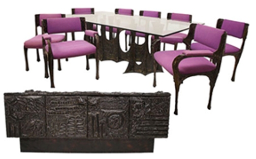 WebPaulEvans SM This Paul Evans (American, 1931-1987) 10-piece sculpted bronze dining suite, made in 1970 featuring Stalagmite glass-top dining table, set of eight dining chairs with purple micro-suede seats and backrest; sideboard with two slate tablets and bi-fold doors concealing interior shelves. Signed “PE 70.” Offered as three lots, total selling price: $59,225. Image courtesy of Austin Auction.