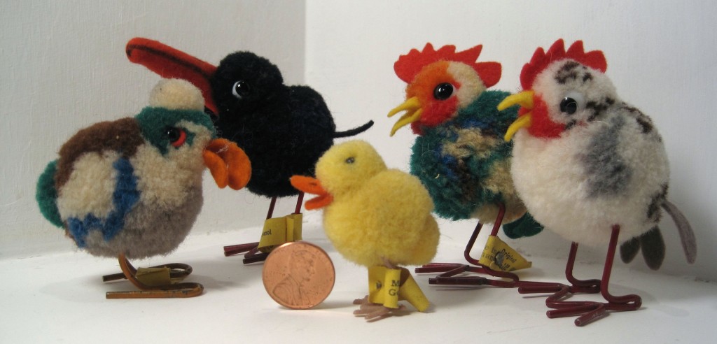 bird woolies An assortment of Steiff woolie birds, most from the 1950s and early ’60s. The tiny duck up front is 4 centimeters; she is from the late 1960s or early ’70s and one of the smallest Steiff items to sport a Steiff button.