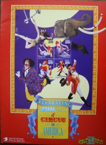 blockofourmediakit This Postal Service media kit has the Ringling Bros. and Barnum & Bailey logo side-by-side with the U.S. Postal Service logo. On the cover of the kit, the photos by each of the stamps feature actual Ringling Bros. and Barnum & Bailey performers—aerialist Fatima, the elephant King Tusk, clown Greg DeSanto and ringmaster Jim Ragona.