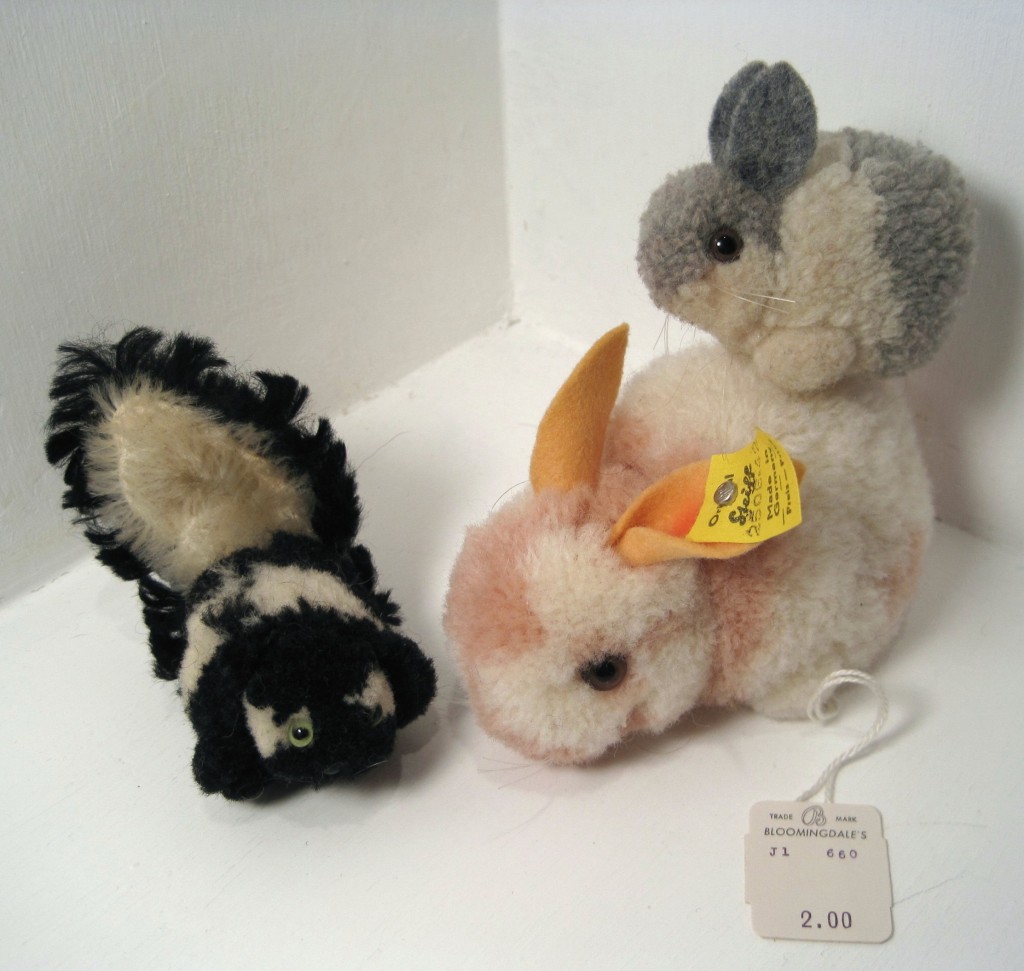 bunnies and skunk woolies Woll-Hase” or woolen rabbits. Please also note the original attached price tag still on the larger bunny’s foot . . . she was $2 at Bloomingdale’s in 1967, which translates into about $13 today. Also pictured is the Steiff woolie and mohair skunk from 1954-1978.